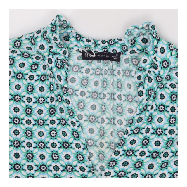 Blue Green Geometric V‑Neck Blouse – 3/4 Sleeve