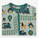 Sleepsuit zip green trains and dogs