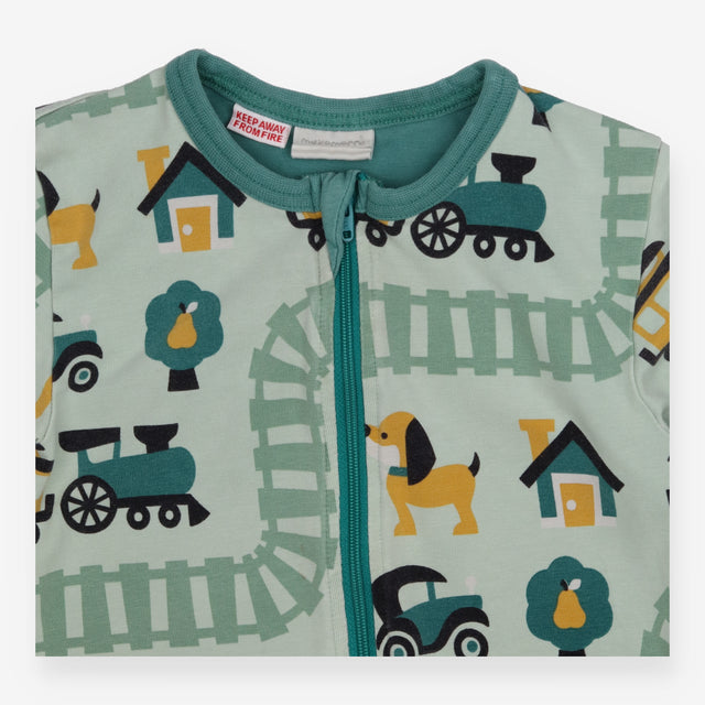 Sleepsuit zip green trains and dogs