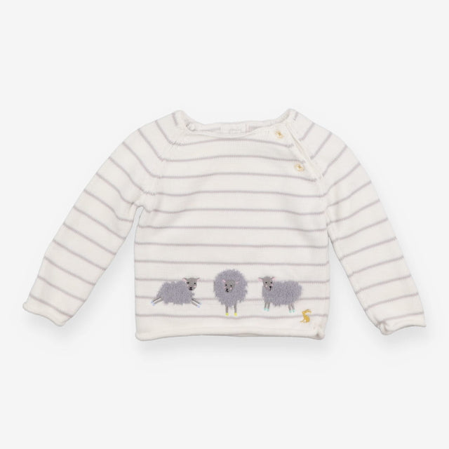 Sweater knit white grey striped with sheep