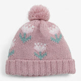 Bobble Hat Pink Knit with Flowers