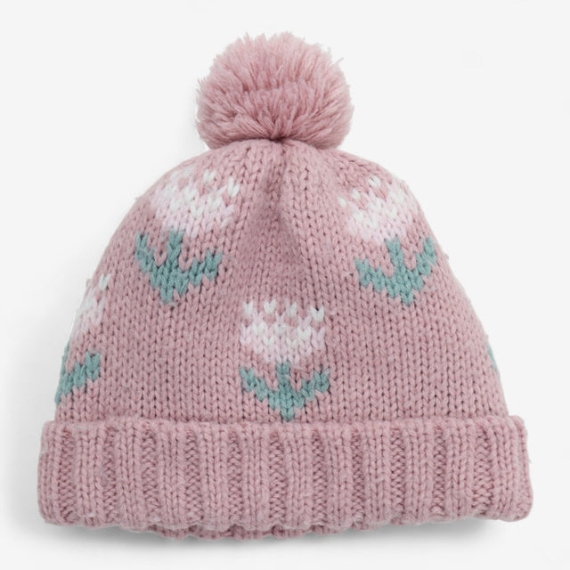 Bobble Hat Pink Knit with Flowers
