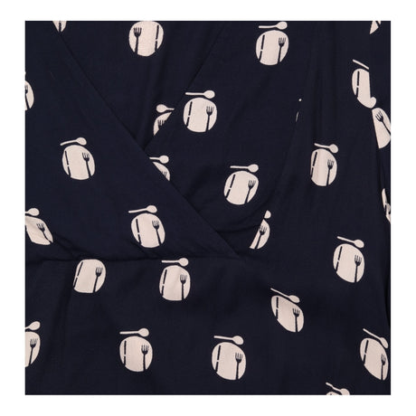 Blouse Navy Cream Novelty Print Wrap V Neck Long S