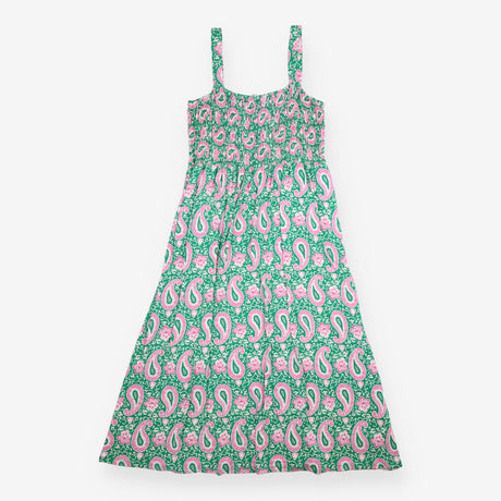 Maxi Dress Smocked Jersey Paisley Green Pink