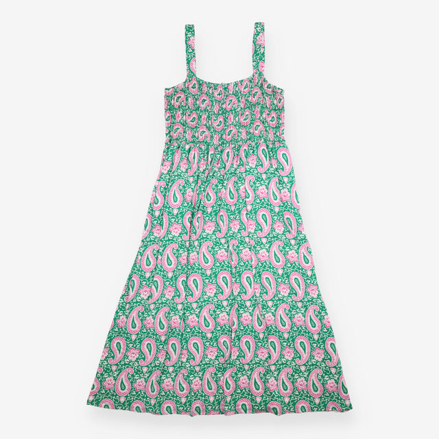 Maxi Dress Smocked Jersey Paisley Green Pink