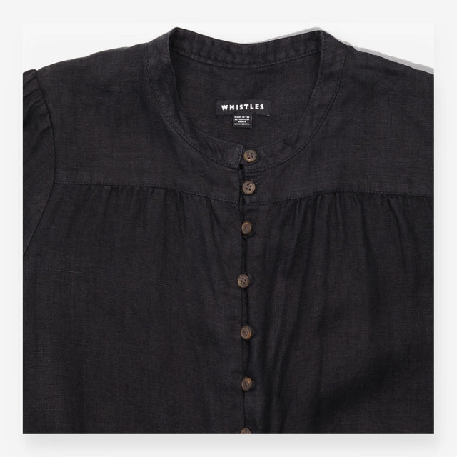Jumpsuit Linen Short Sleeve Button Front Black
