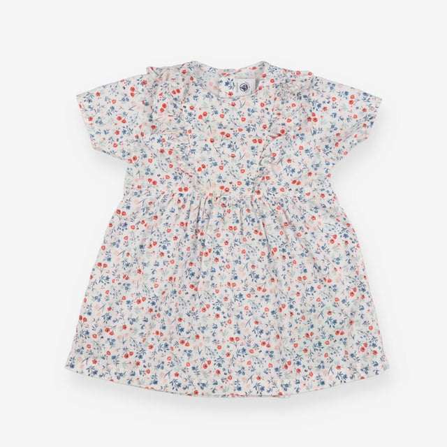 Woven Dress White with Blue and Red Flowers