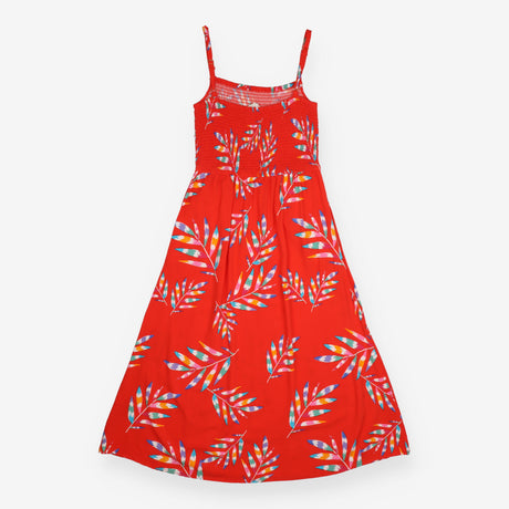 Midi Dress Red Rainbow Frond Shirred Sundress