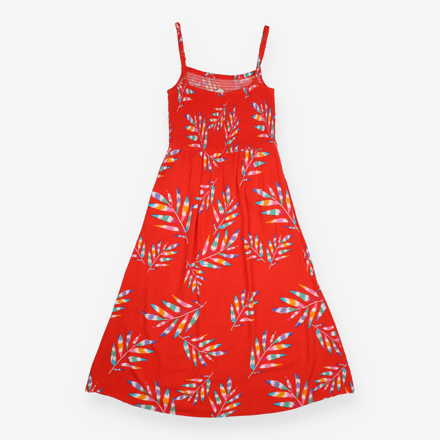 Midi Dress Red Rainbow Frond Shirred Sundress