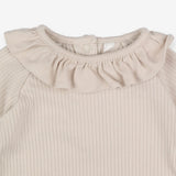 Long sleeve light brown rib frill neck bodysuit