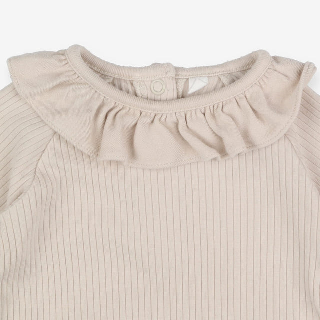 Long sleeve light brown rib frill neck bodysuit