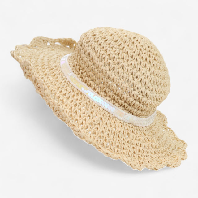 Hat straw sun with sequin trim