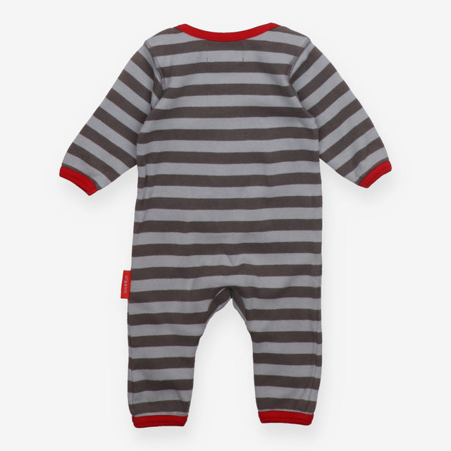 Romper Long Sleeve Grey Stripe with Dinosaur Appli