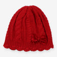 Cable Knit Beanie Red Ruby Hat with Velvet Bow