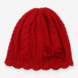 Cable Knit Beanie Red Ruby Hat with Velvet Bow