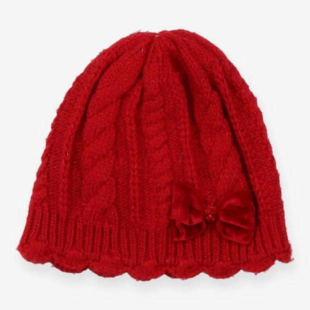 Cable Knit Beanie Red Ruby Hat with Velvet Bow