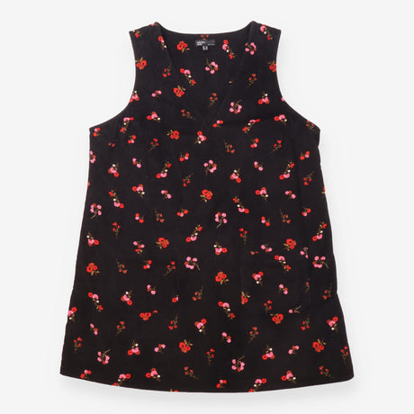 Floral Cotton Corduroy V Neck Pinafore Mini Dress 