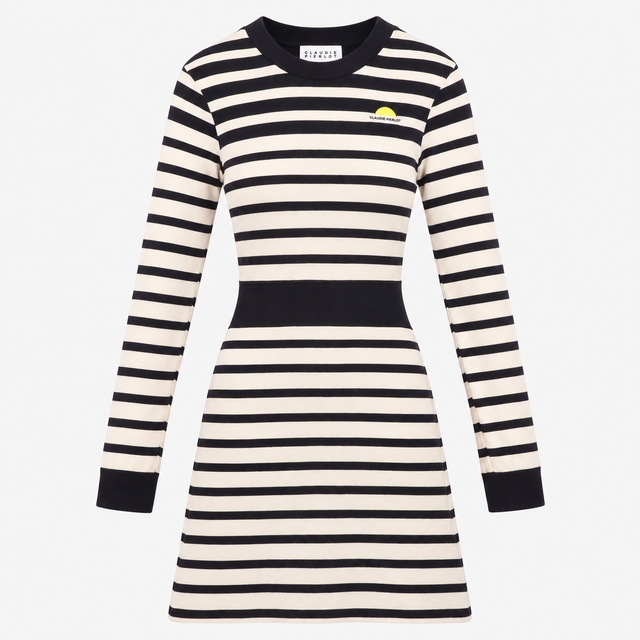 Mini Dress Navy Cream Stripe Cotton Long Sleeve