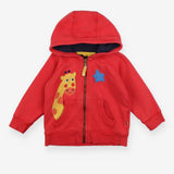 Red zip up hoodie with giraffe