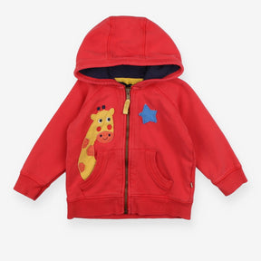 Red zip up hoodie with giraffe