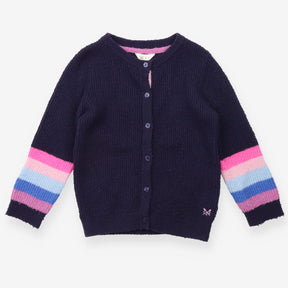 Cardigan Navy with Multicoloured Striped Sleeves