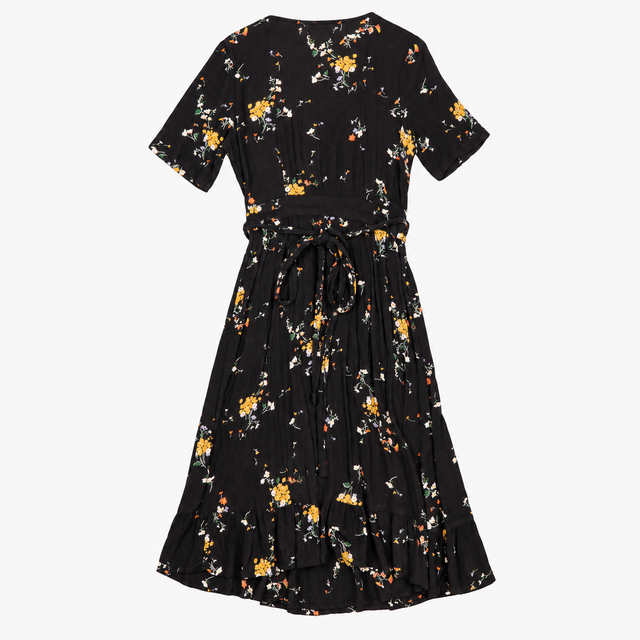 FatFace Black Ditsy Floral Wrap Short Sleeve Midi 
