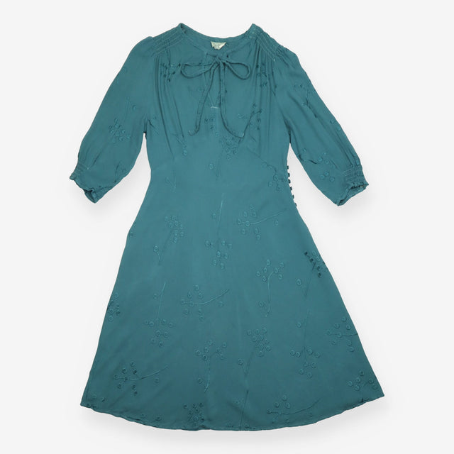 Midi Dress Teal Blue Embroidered Tie Neck Long Sle