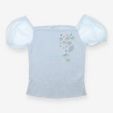 Top Blue Mesh Off Shoulder Floral Applique