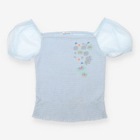 Top Blue Mesh Off Shoulder Floral Applique