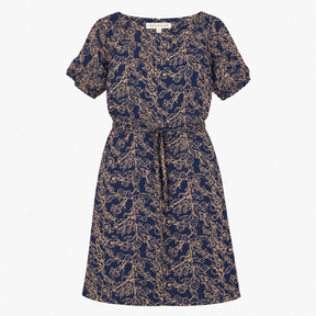 Navy Tan Floral Print Lined Cotton Dress