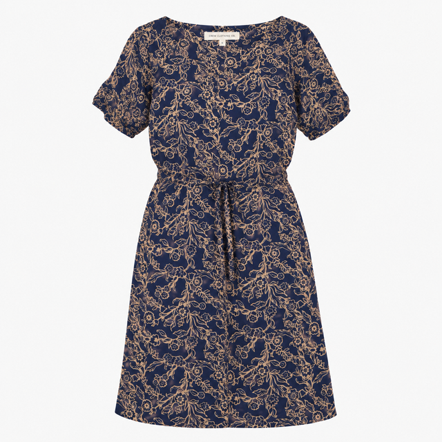 Navy Tan Floral Print Lined Cotton Dress