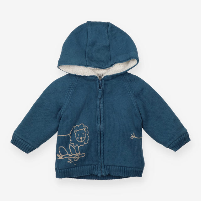 Hoodie Fleece Lined Blue Skateboarding Lion 
