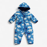 Pramsuit Blue White and navy Dinosaur Print