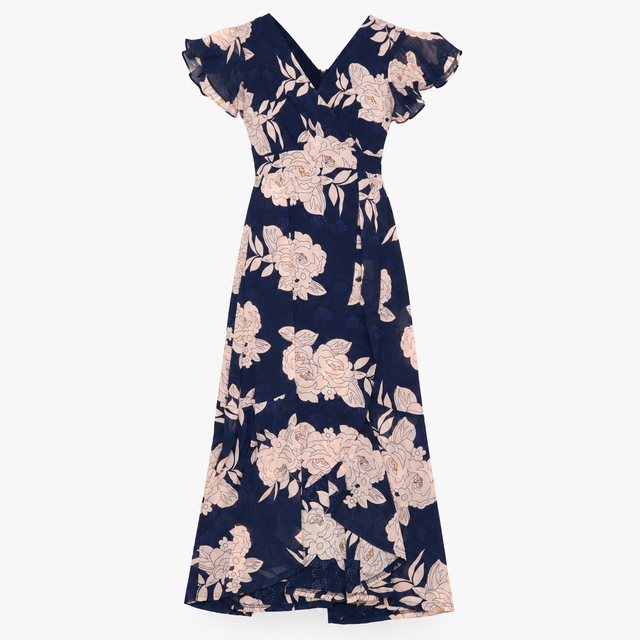Maxi Dress Navy Floral Wrap Flutter Sleeve