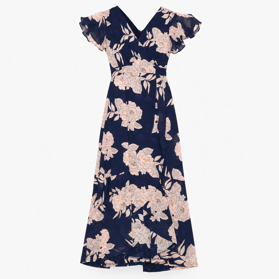Maxi Dress Navy Floral Wrap Flutter Sleeve
