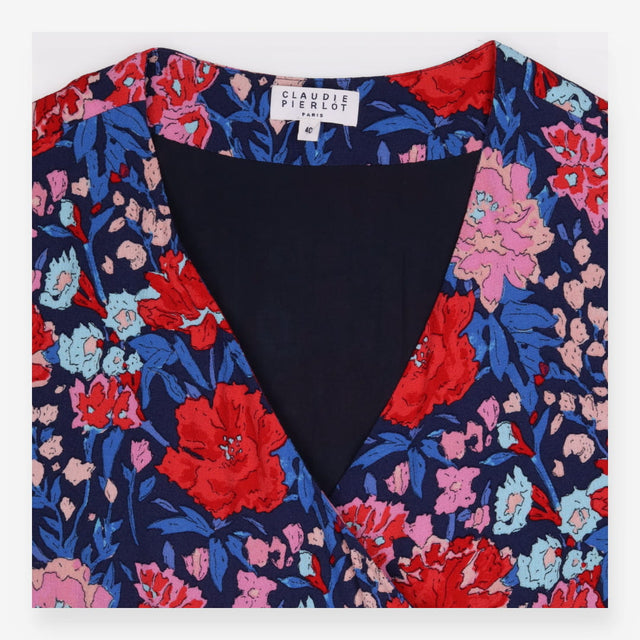 Floral Wrap Top Navy Pink Long Sleeve