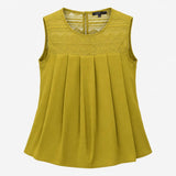 Olive Green Crochet Lace Yoke Box Pleated Sleevele