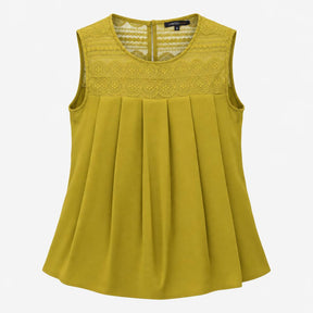 Olive Green Crochet Lace Yoke Box Pleated Sleevele