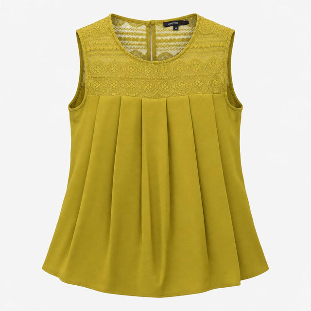 Olive Green Crochet Lace Yoke Box Pleated Sleevele