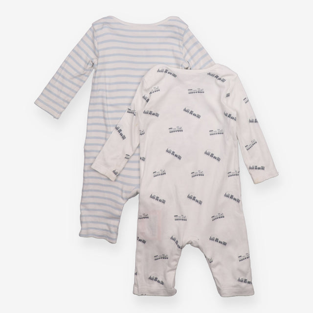 White and Blue Striped Sleepsuits with Trains
