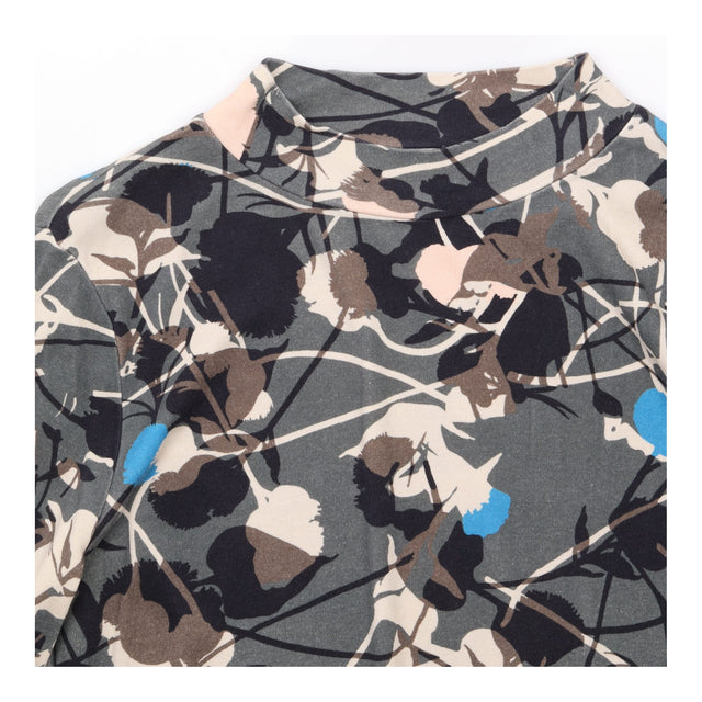Charcoal Grey Floral Abstract Print High Mock Neck