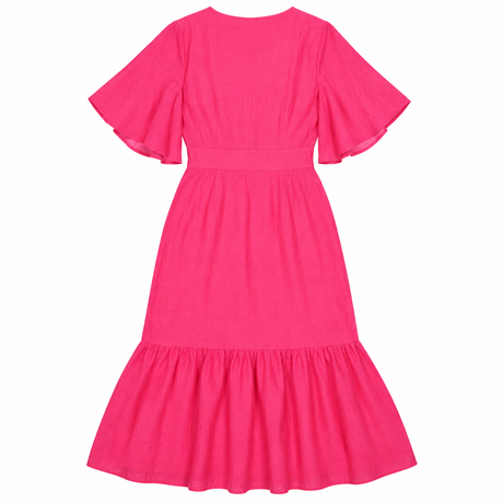 Dress Bright Pink Midi V-Neck Angel Sleeve Button 