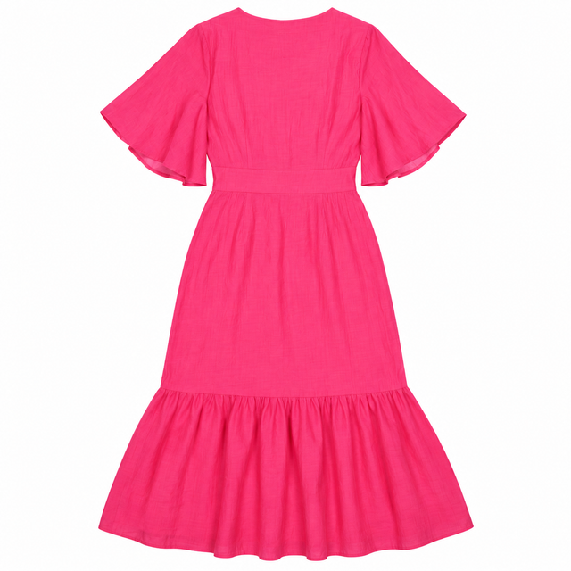Dress Bright Pink Midi V-Neck Angel Sleeve Button 