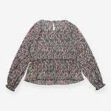 Blouse Pink Green Floral Print Pleated Long Sleeve