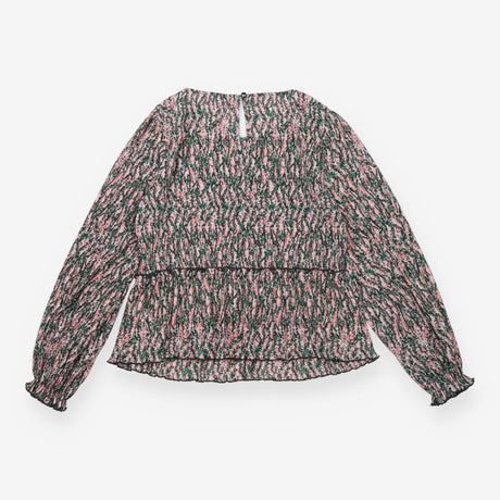 Blouse Pink Green Floral Print Pleated Long Sleeve