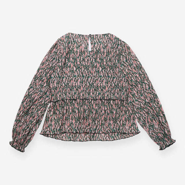 Blouse Pink Green Floral Print Pleated Long Sleeve