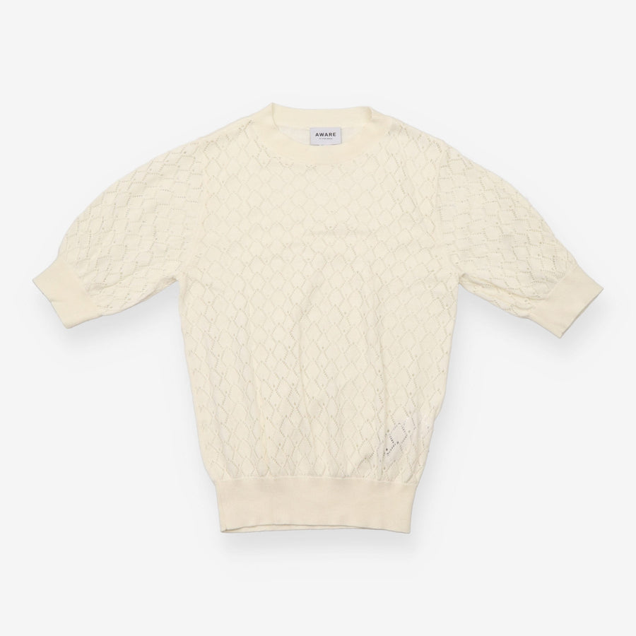 Top Cream Pointelle Open Knit Short Sleeve