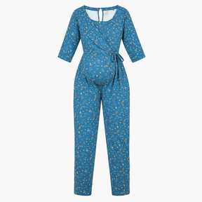 Jumpsuit Teal Blue Celestial Print Wrap Front