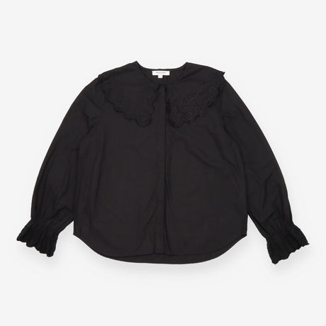 Cotton Blouse Black Embroidered Statement Collar