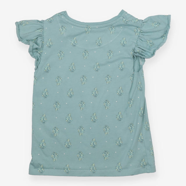 T-Shirt Green Frill Shoulders Flower Bunches
